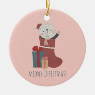 Cute White Cat in Christmas Socks Ceramic Tree Decoration