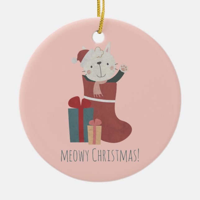 Cute White Cat in Christmas Socks Ceramic Tree Decoration (Front)