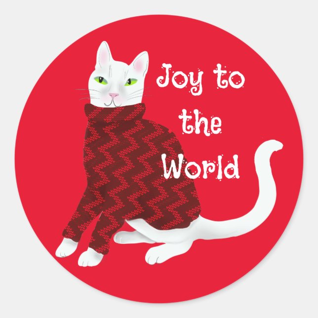 Cute White Cat in Christmas Sweater Red Classic Round Sticker (Front)