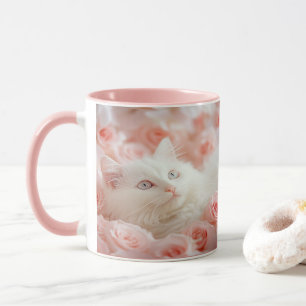 Cute White Cat in Rose Flowers Mug