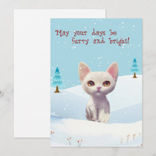Cute White Cat in Snow Christmas Flat  Holiday Card