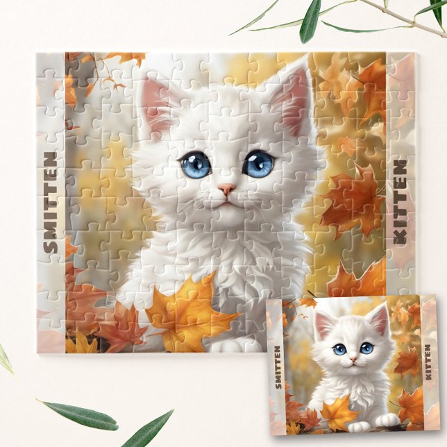 Cute White Cat Kitten Fall Autumn Custom Name Jigsaw Puzzle (Cute White Cat Kitten Fall Autumn Custom Name Jigsaw Puzzle)
