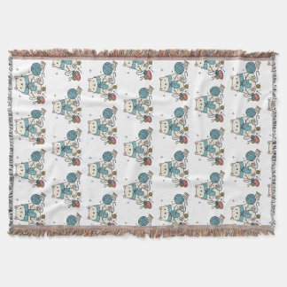 Cute White Cat Knitting Blue Yarn Hobby Graphic Throw Blanket