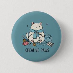 Cute White Cat Knitting Blue Yarn Hobbyist Design 6 Cm Round Badge