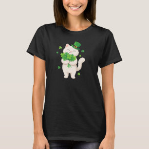 Cute White Cat Leprechaun Hat Shamrock Art T-Shirt