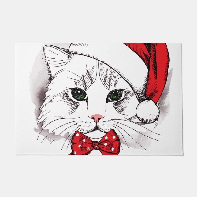 Cute White Cat Merry Christmas Doormat (Front)