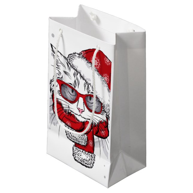 Cute White Cat Merry Christmas Small Gift Bag (Front Angled)