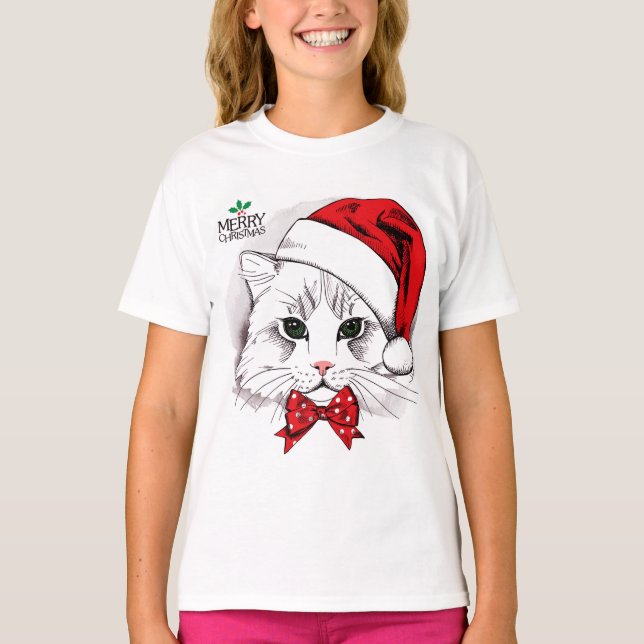Cute White Cat Merry Christmas T-Shirt (Front)