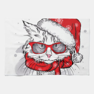 Cute White Cat Merry Christmas Tea Towel