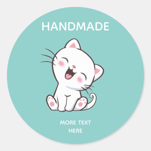 Cute White Cat on Light Teal Handmade Classic Round Sticker (Front)