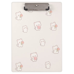 Cute White Cat Pattern – Kawaii Hearts & Flowers Clipboard