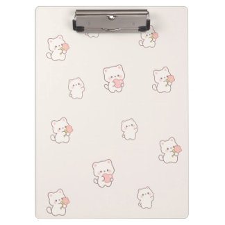 Cute White Cat Pattern – Kawaii Hearts & Flowers  Clipboard