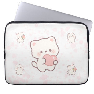 Cute White Cat Pattern – Kawaii Hearts & Flowers Laptop Sleeve