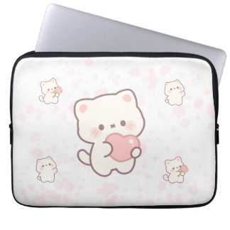 Cute White Cat Pattern – Kawaii Hearts & Flowers  Laptop Sleeve