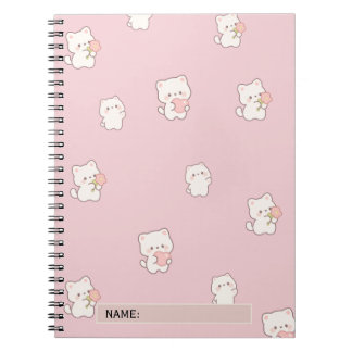 Cute White Cat Pattern – Kawaii Hearts & Flowers  Notebook