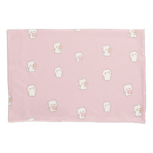 Cute White Cat Pattern – Kawaii Hearts & Flowers Pillowcase