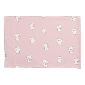 Cute White Cat Pattern – Kawaii Hearts & Flowers  Pillowcase