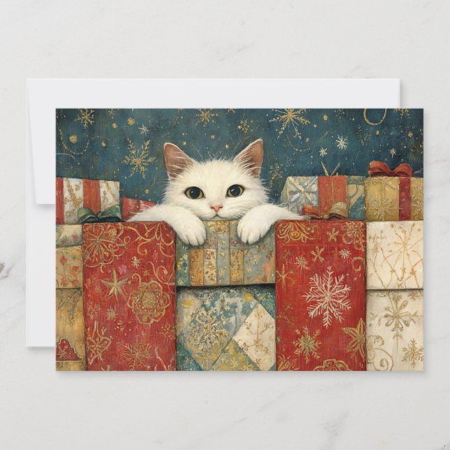 Cute White Cat Peeking over Christmas Gifts Holiday Card (Front)