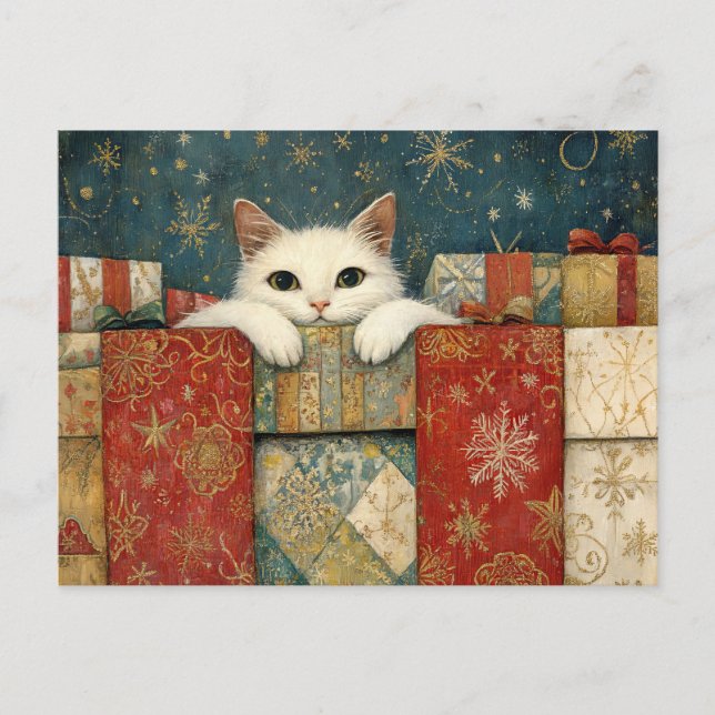 Cute White Cat Peeking over Christmas Gifts Postcard (Front)