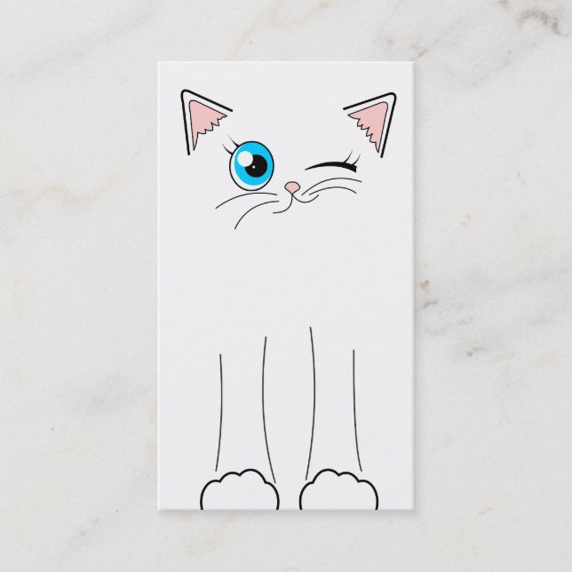 Cute White Cat Pet Sitting Service Business Card (Front)