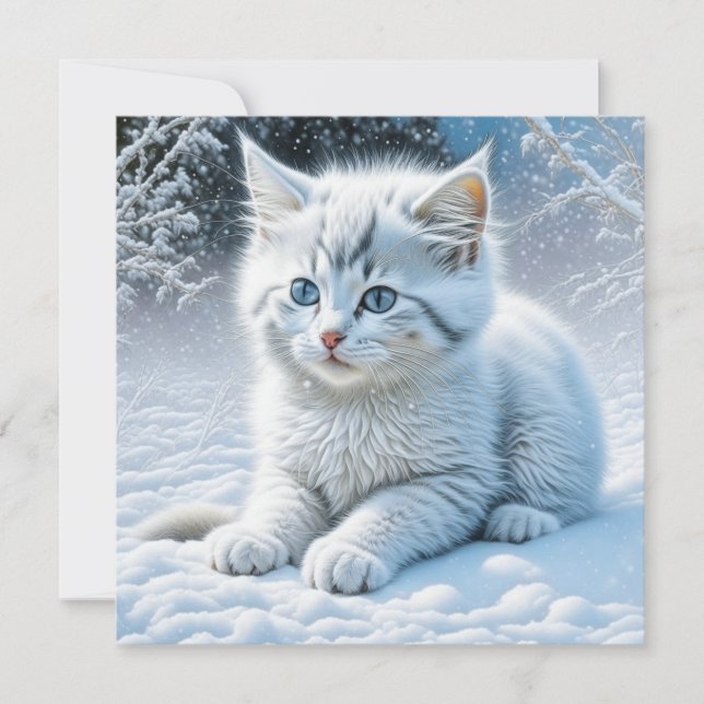 Cute White Cat Playing in the Snow (Front)