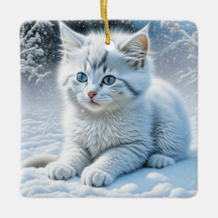 Cute White Cat Playing in the Snow Christmas Ceramic Ornament