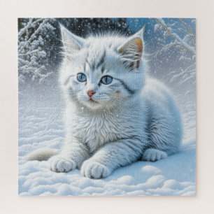 Cute White Cat Playing in the Snow Jigsaw Puzzle