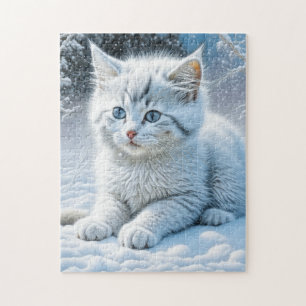 Cute White Cat Playing in the Snow Jigsaw Puzzle