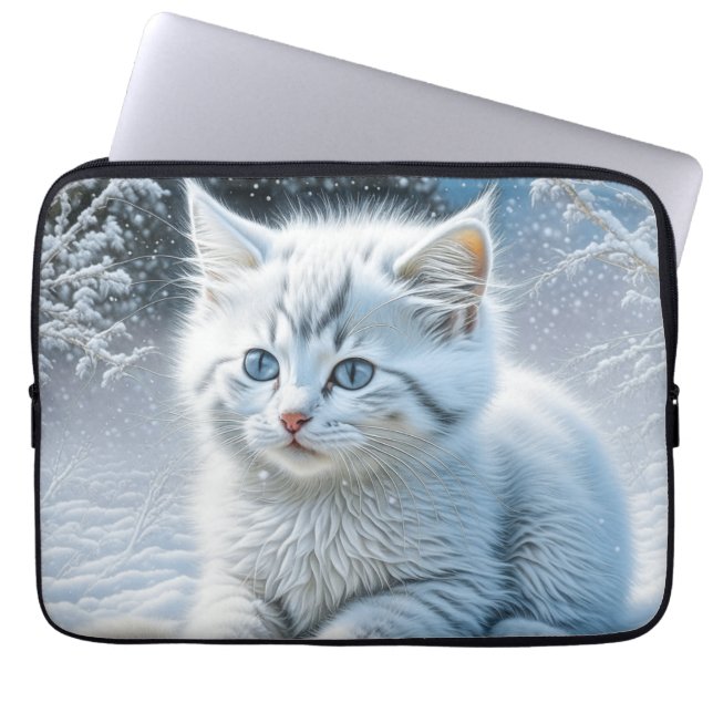 Cute White Cat Playing in the Snow   Laptop Sleeve (Front)