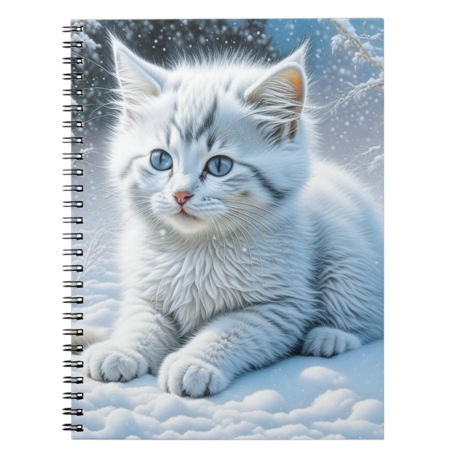 Cute White Cat Playing in the Snow Notebook (Front)