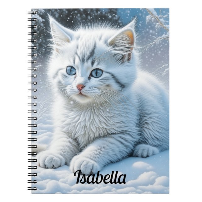 Cute White Cat Playing in the Snow Personalised Notebook (Front)