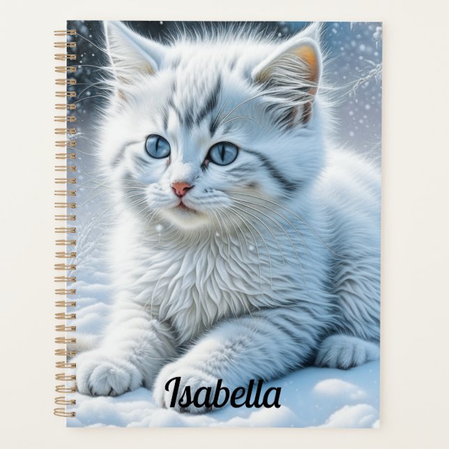 Cute White Cat Playing in the Snow Personalised Planner (Front)
