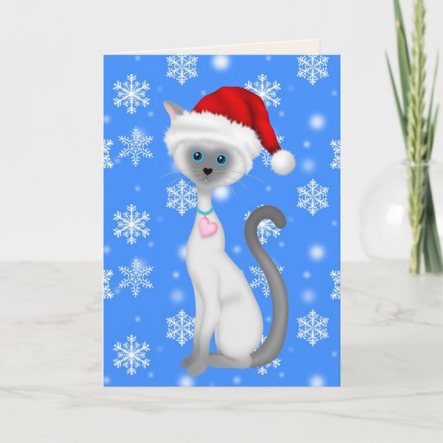 Cute White Cat, Santa Hat and Snowflakes Christmas Holiday Card (Front)