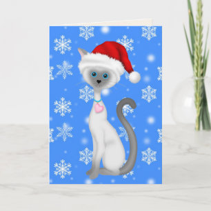 Cute White Cat, Santa Hat and Snowflakes Christmas Holiday Card