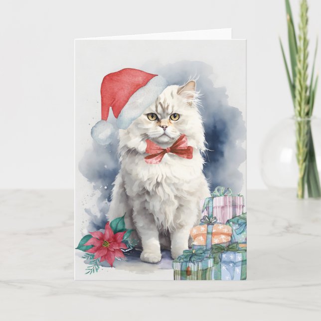 Cute White Cat Santa Hat Gifts Blank Christmas  Card (Front)