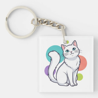 Cute White Cat Sitting Graphic Tee Key Ring