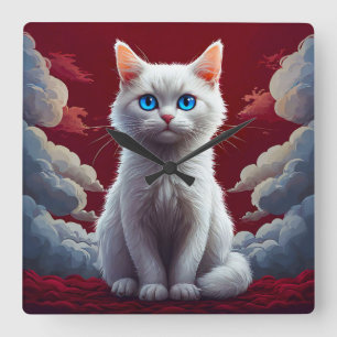Cute White Cat Square Wall Clock