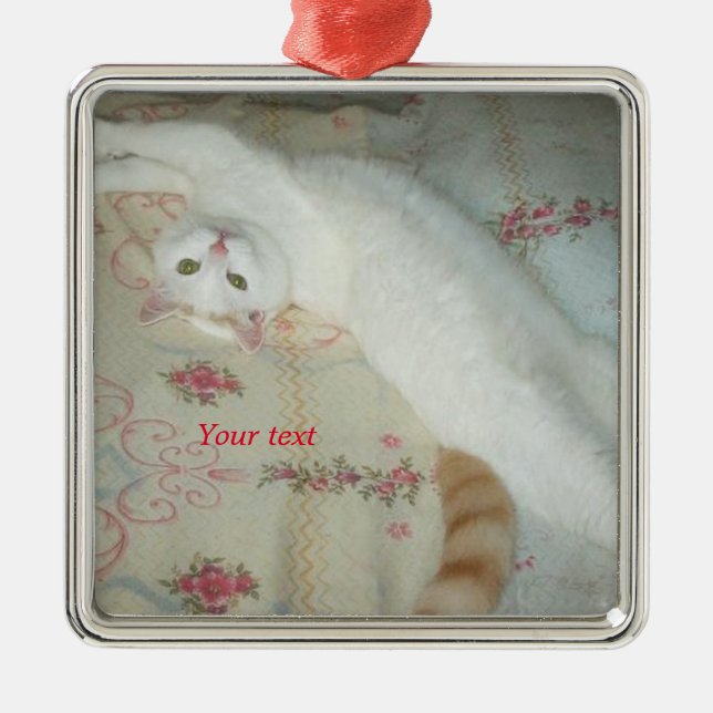Cute white cat stretched out  metal tree decoration (Front)
