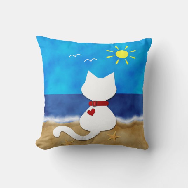 Cute White Cat Summer Ocean Beach Theme Pillow (Front)