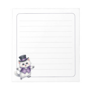 Cute White Cat Top Hat Whimsical Lined Notepad