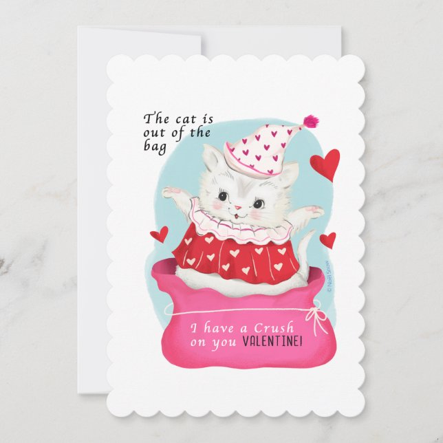 Cute White Cat Vintage Valentine  Holiday Card (Front)