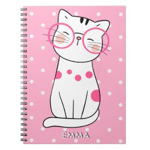 Cute white Cat with Eyeglasses & Polka Dot Pattern Notebook