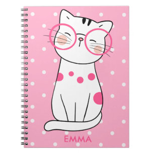 Cute white Cat with Eyeglasses & Polka Dot Pattern Notebook