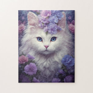 Cute White Cat with Flowers, Fantasy Art Jigsaw Puzzle