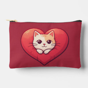 Cute White Cat with Heart Kawaii Kitty Love Design Accessory Pouch