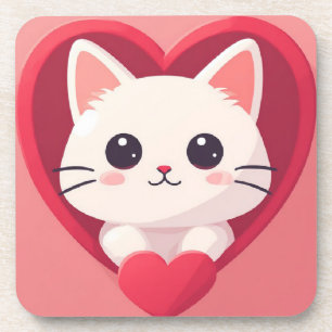 Cute White Cat with Heart Kawaii Kitty Love Design Coaster