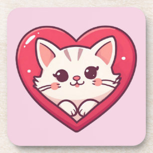 Cute White Cat with Heart Kawaii Kitty Love Design Coaster