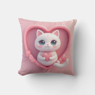 Cute White Cat with Heart Kawaii Kitty Love Design Cushion
