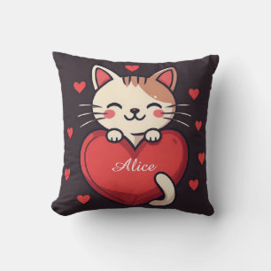 Cute White Cat with Heart Kawaii Kitty Love Design Cushion