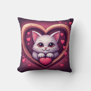 Cute White Cat with Heart Kawaii Kitty Love Design Cushion